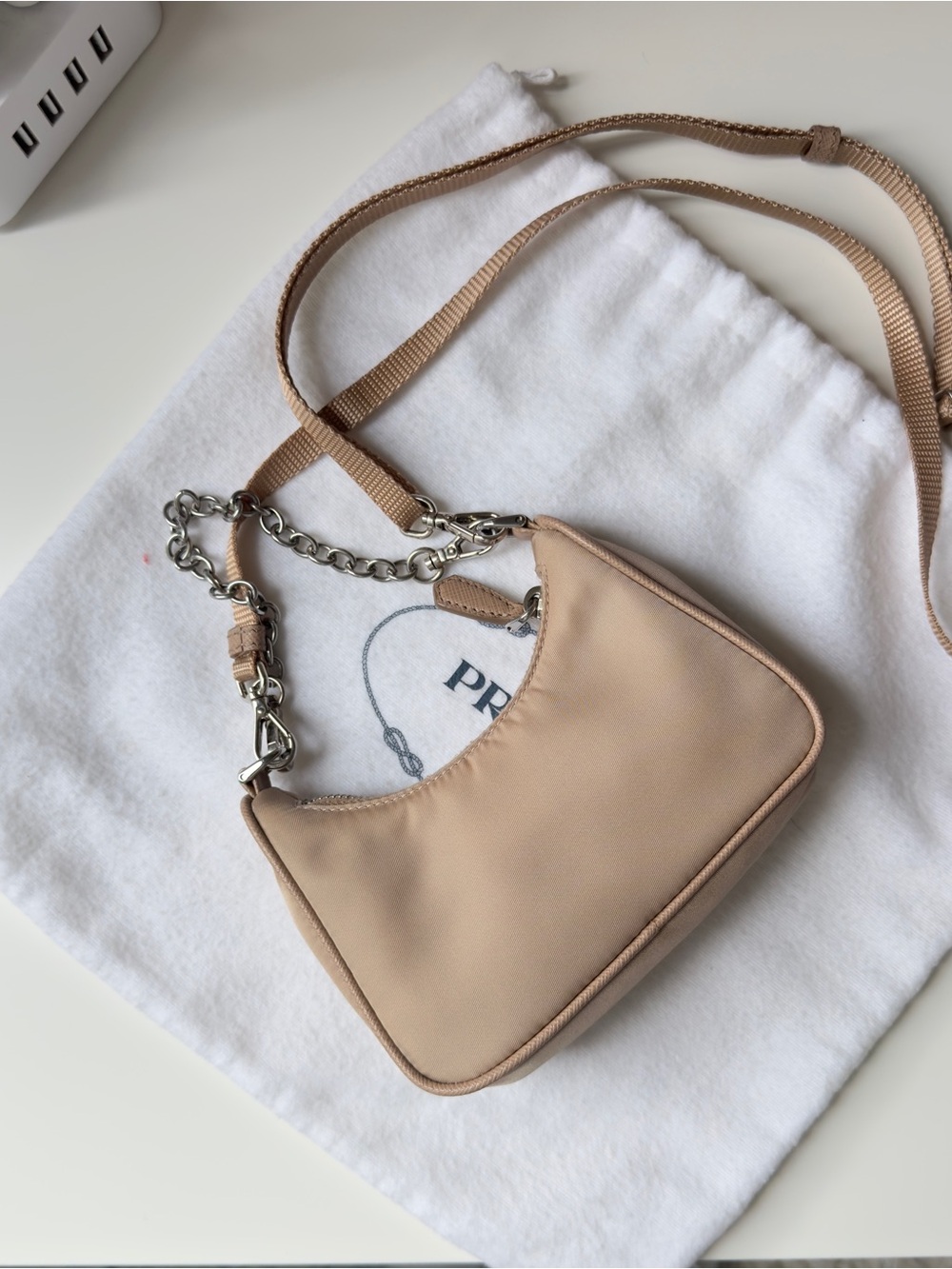 Prada Mini Nylon Shoulder Bag in Beige with Silver Chain - Picture 11 of 11